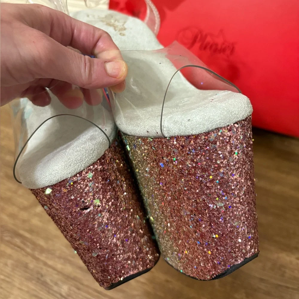 Pleaser Multicolor Glitter Platform Heels with Clear Straps
